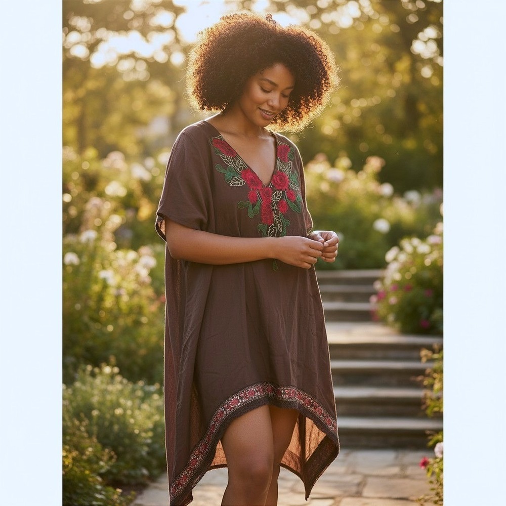 2XL Chocolate Brown Tunic Dress Embroidered Shark Bite Hem Boho Festival Floral